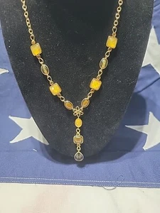 Vintage Yellow & Citrine Colored Glass Cabochen Link Necklace - Picture 1 of 7