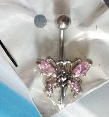 PINK CRYSTAL Butterfly SILVER BARBELL NAVEL BODY PIERCING JEWELRY Foto 1 de 3