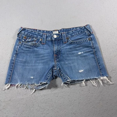 True Religion Denim Shorts Women 32 Embroidered Cutoff Distressed USA Made - Image 1 of 4