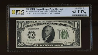 DBR 1928-B $10 DGS FRN Cleveland Fr. 2002-Ddgs PCGS-B 63 PPQ Serial D17262157A - Image 1 of 2