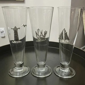 3- Maurice Milleur Hand Crafted Pewter Nautical Themed Pilsner Glasses - Picture 1 of 11