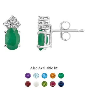 14K White Gold 6x4mm Oval Genuine Natural Emerald 1/10 CTW Diamond Stud Earrings - Picture 1 of 4