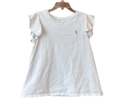 POLO RALPH LAUREN 女孩蓝色小马白色衬衫荷叶边 8-10 码 — 第 1/3 张图片