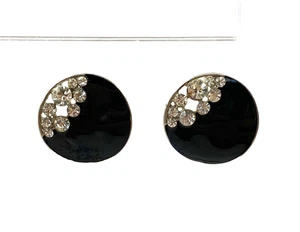Vintage Black Enamel W/ Clear Rhinestones Huggie Earrings Studs Silver Tone 1" - Picture 1 of 24