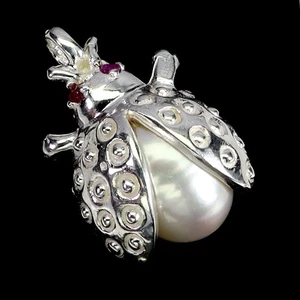 925 Sterling Silver Pendant Round Ruby Myanmar Pearl Ladybug Gemstone Jewelry - Picture 1 of 13