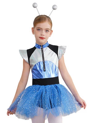 IEFIEL DE Astronaut Mädchen Shiny Stehkragen Tanzkleid Alien Stirnband Space Girl Set