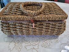 Vintage 10"×3" Rectangle Wicker Sewing Basket Filled with lots of goodies