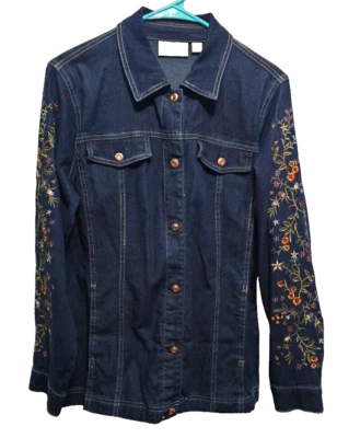 Quacker Factory ♈Womans Embroidered button up Jacket size XS~denim/yellow floral - Image 1 of 3