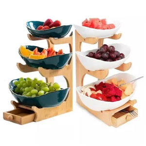 3 Tier Ceramic Serving Bowl set with Drawer and Bamboo Rack in Green White - Picture 1 of 20