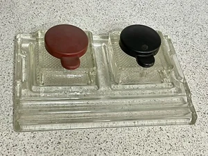 ACE ART DECO CLEAR GLASS DESK SET PEN TRAY & INK BOTTLES WITH BAKELITE TOPS c30s - Picture 1 of 10