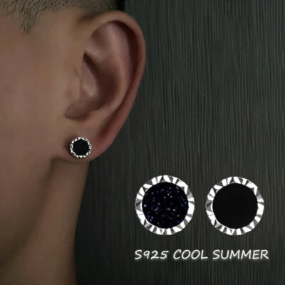 S925 Silver 8mm Agate Couple Earrings Stud Piercing Women Men Black Crystal  - image 1 of 4