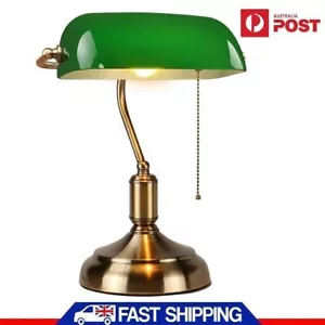 Antique Brass Banker Traditional Desk Lamp Pull Chain Switch Green Glass Light - Picture 1 of 7