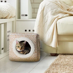 Square Cat Cave Pet Bed Tan Animal Print Hide Out for Cats Kittens - Picture 1 of 5