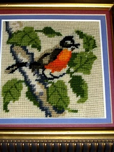 Nice Gift: Cute Bird Red Orange Cardinal Tree OLD Vintag Crewel NEEDLEPOINT ART - Picture 1 of 9