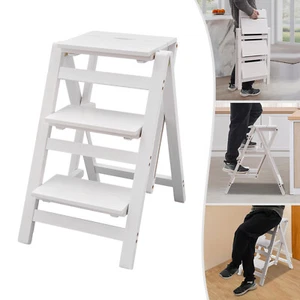 3 Layers Folding Step Ladder Folding Pinewood Step Stool Anti-slip White 100kg - Picture 1 of 10