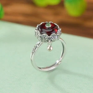 Anillo F02 Molino de Oración Mantra Giratorio Ámbar Rojo Plata 925 Ajustable - Imagen 1 de 4