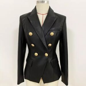 Double Breasted Black  Faux PU  Leather Blazer Slim Fit Jacket With Gold Buttons