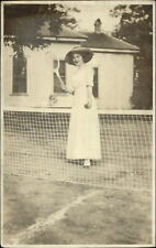 Woman playing tennis racket net court Edwardian fashion? Dress hat ~ real photo