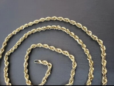 Collar de cadena de cuerda de oro real de 10k de 3 mm y 4 mm de oro amarillo de 10 quilates corte de diamante de 16-30 pulgadas Foto 1 de 4