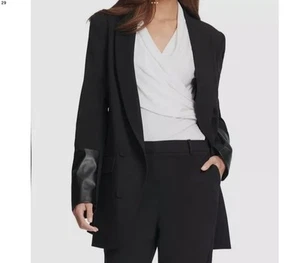DKNY Women's Black Faux Leather Cuff Double Breasted Blazer Jacket Size 6P NWT - Picture 1 of 13
