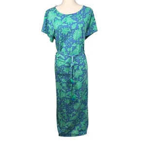J Jill Wearever Maxi Dress Blue Green Floral Tassel Belt Cap Sleeve Casual XL - Picture 1 of 10