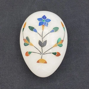Rare Vintage White Marble Egg Paperweight Mosaic Stone Inlay Floral Motiv 3" - Bild 1 von 8
