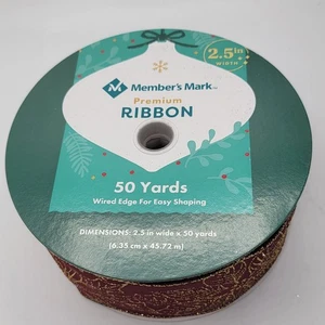 Member’s Mark Premium Christmas Ribbon 2.5” x 50 Yards Red Gold Poinsettia Wired - Picture 1 of 3