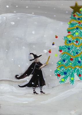 Original ACEO Folk Art Painting – “Christmas Witch” | Mixed Media 2.5" x 3.5" - image 1 of 3
