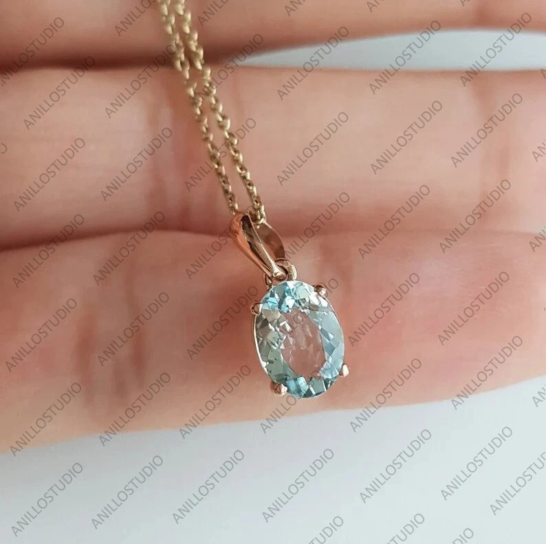 Mini colgante de piedras preciosas de aguamarina natural de oro amarillo de 14 k para mujer Foto 1 de 4