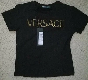 Versace Girl's Logo Rhinestone Embellished Tee Black/gold 4A $245+  NWT - Picture 1 of 11