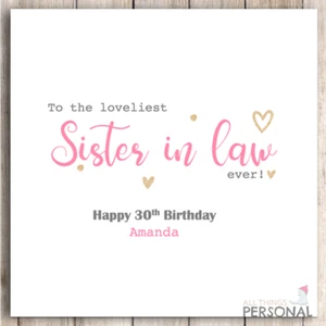 Personalised Sister in law Birthday Card 21st 30th 40th 50th 19th 20th 25th 35th - Picture 1 of 9