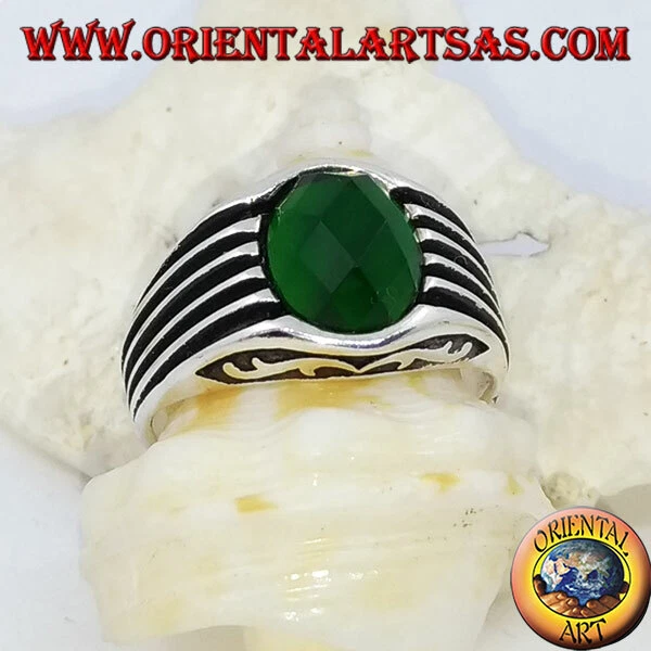 Anello in Argento 925‰ zircone verde ovale sfaccettato e righe in altorilievo - Immagine 1 di 1