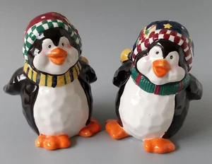 Christmas Penguin Salt & Pepper Set. Red & Blue Hats. Bico China 4.25" Tall. - Picture 1 of 4