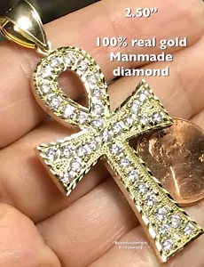 GoLD ANKH pendant Cross EGYPTIAN 10K yellow cz charm solid fine jewelry 2.50" - Picture 1 of 12