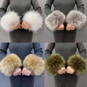 Women Fluffy Faux Mink Fox Fur Cuffs Winter Warm Arm Warmer Bracelet Fur Gloves - Picture 1 of 26