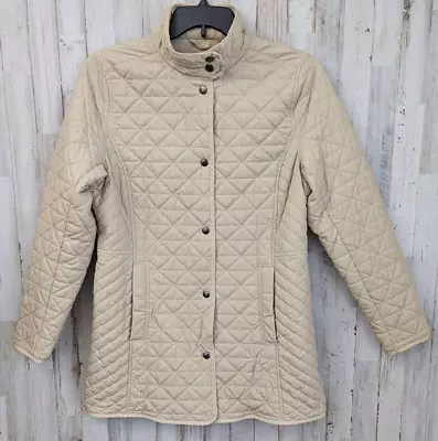 Lands End Diamond Quilted Primaloft Jacket Womans M Tan Pockets Insulated Snap - Image 1 of 4
