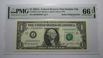 $1 2003 Radar Serial Number Federal Reserve Currency Bank Note Bill PMG UNC66EPQ - Image 1 of 3