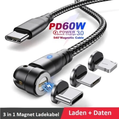 60W Typ-C Magnet Schnell Ladekabel 3in1 Handy für iPhone Samsung iPad Kabel NEU - Bild 1 von 4