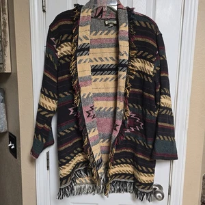 Vtg Blanket Jacket Cotton Fringe Aztec Woven Tapestry Cardigan Wrapper One Size - Picture 1 of 9