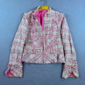 Charles Chang-Lima Boucle Tweed Fringe Trim Zip Front Jacket Pink/Beige Size 8 - Picture 1 of 8