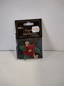 1 Christmas Poinsettia Sequins Beads Appliques Craft Patch - Picture 1 of 3