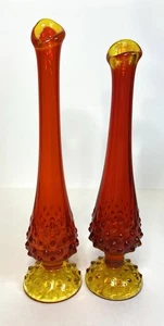 2 Vintage GLOWS Fenton Amberina Tangerine Glass Hobnail Swung Vases 9.5”& 10” - Picture 1 of 9