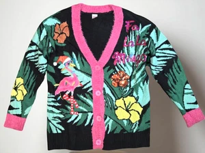 Flamingo Palme hässlicher Weihnachtspullover tropische Strickjacke Damen große Pailletten - Bild 1 von 10