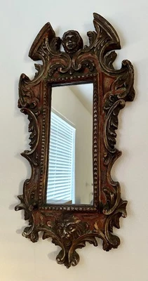 Antique 19th Century Italian Red Gold Carved Wood Plaster Gothic Angel Mirror - Image 1 of 4