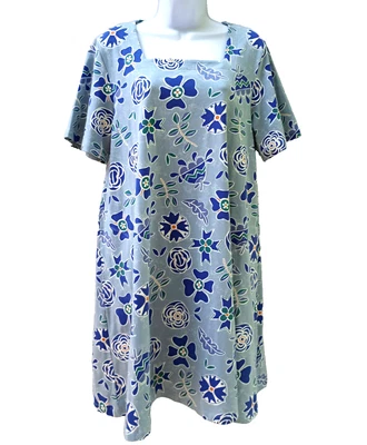 Gudrun Sjoden Size M Organic Cotton Blue Floral Dress Short Sleeves Square Neck - Image 1 of 4