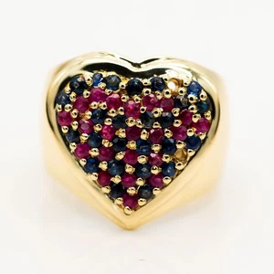 Anello Cuore 585/14K Oro Giallo Blu Rossi Zaffiri 1,41ct Tgl 57 - Foto 1 di 2