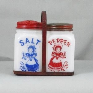 McKEE TIPP CITY MILK GLASS GARDEN GIRL SALT & PEPPER SHAKER SET IN METAL HOLDER - Picture 1 of 8