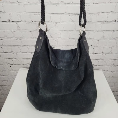Henri Lou Black Suede Slouchy Braided Strap Snap Closure Flap Shoulder Bag Tote - Image 1 of 4