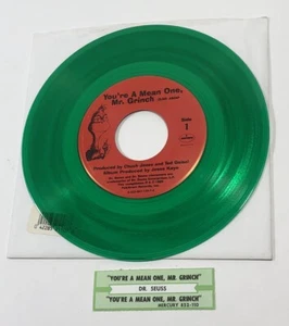 You're A Mean One Mr. Grinch 45 Record Original GREEN Vinyl w Jukebox Slip VTG - Picture 1 of 5