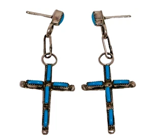 Zuni Turquoise Cross Dangle Stud Earrings - Picture 1 of 6